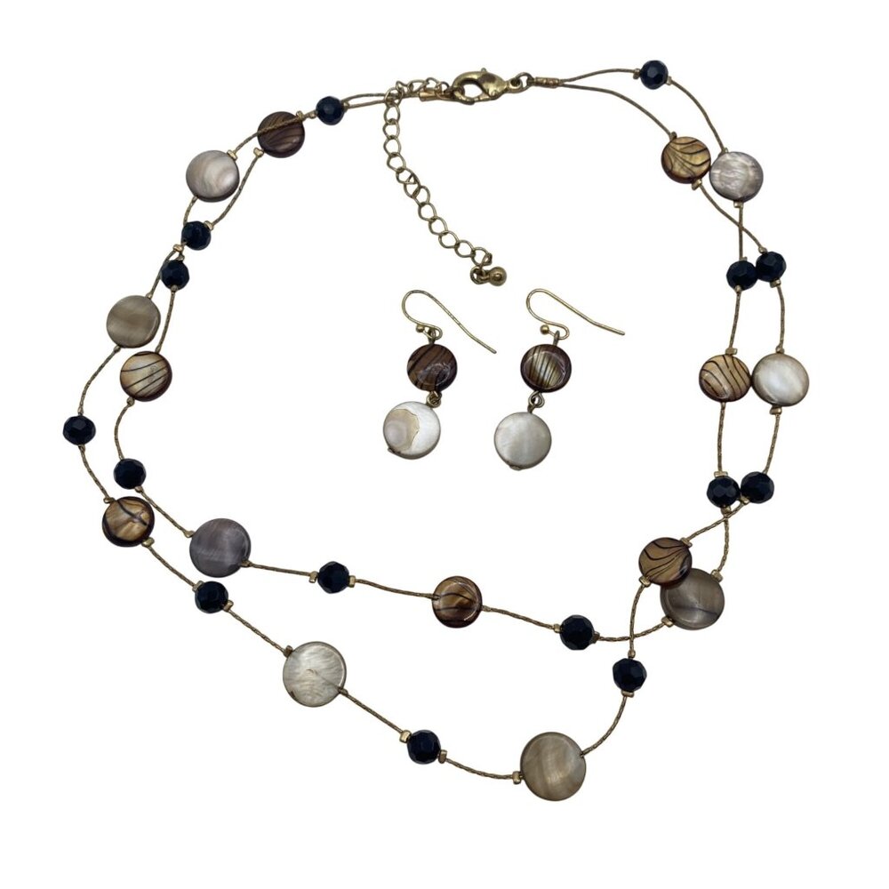 Beaded Station Necklace Earring Set Park Lane Style Unmarked Shell Glass Earthy - Picture 3 of 12